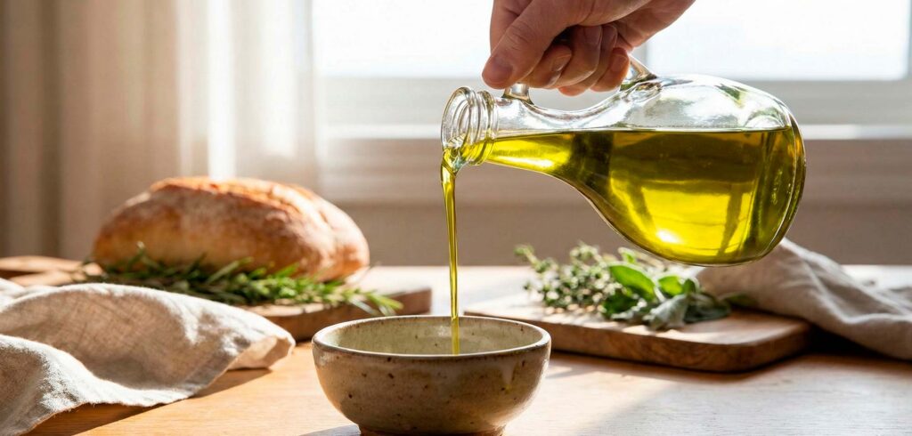 High-quality extra virgin olive oil poured into a bowl, representing a bioactive staple of the Mediterranean diet.