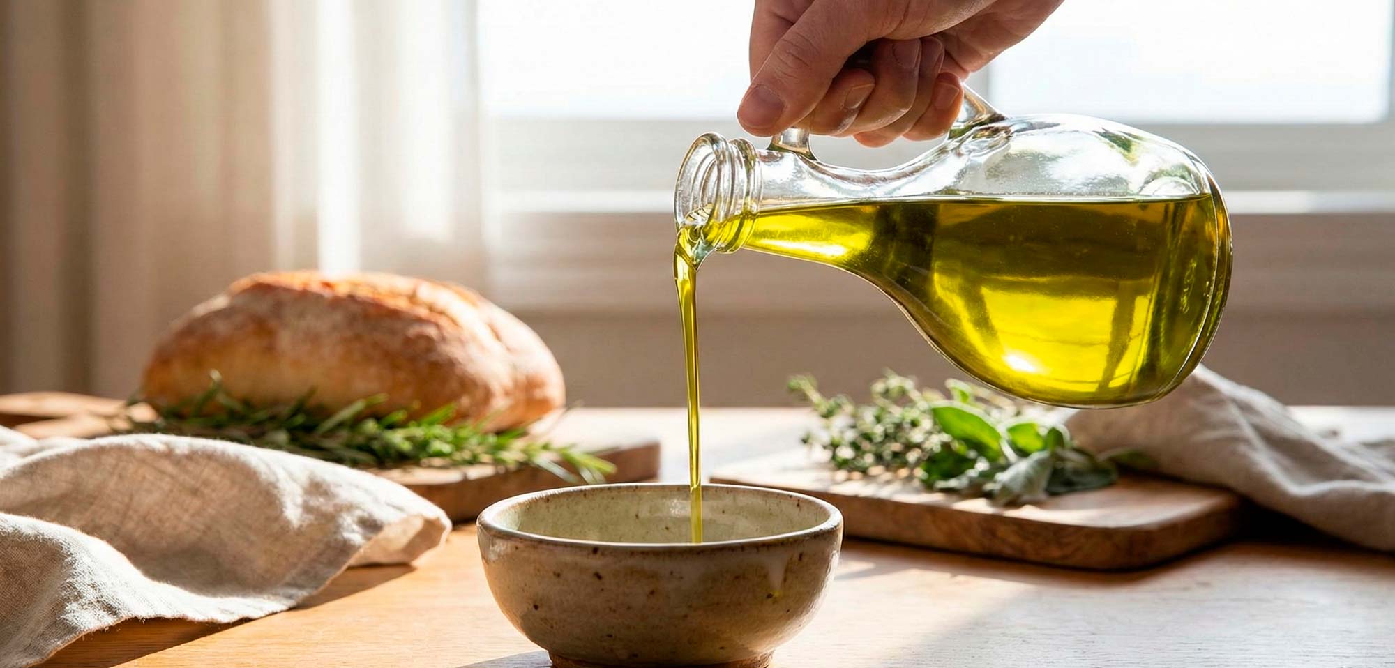 High-quality extra virgin olive oil poured into a bowl, representing a bioactive staple of the Mediterranean diet.