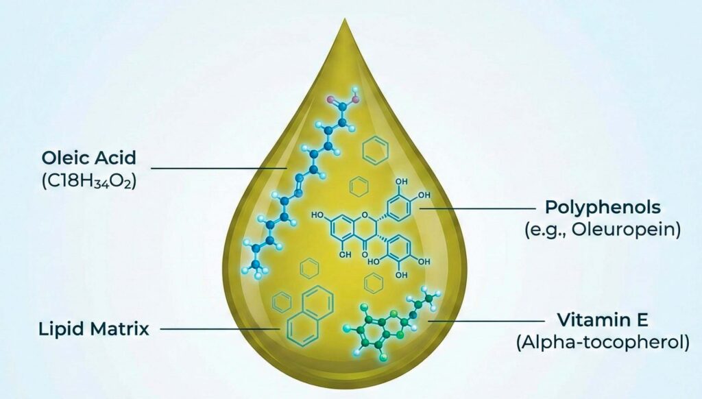 Chemical composition of EVOO, including Oleic Acid, Polyphenols like Oleuropein, and Vitamin E.