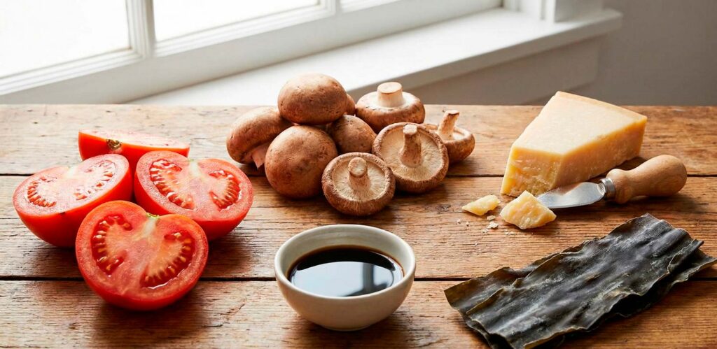 An assortment of umami-rich ingredients, including shiitake mushrooms, aged Parmesan cheese, fresh tomatoes, and a small bowl of soy sauce.
