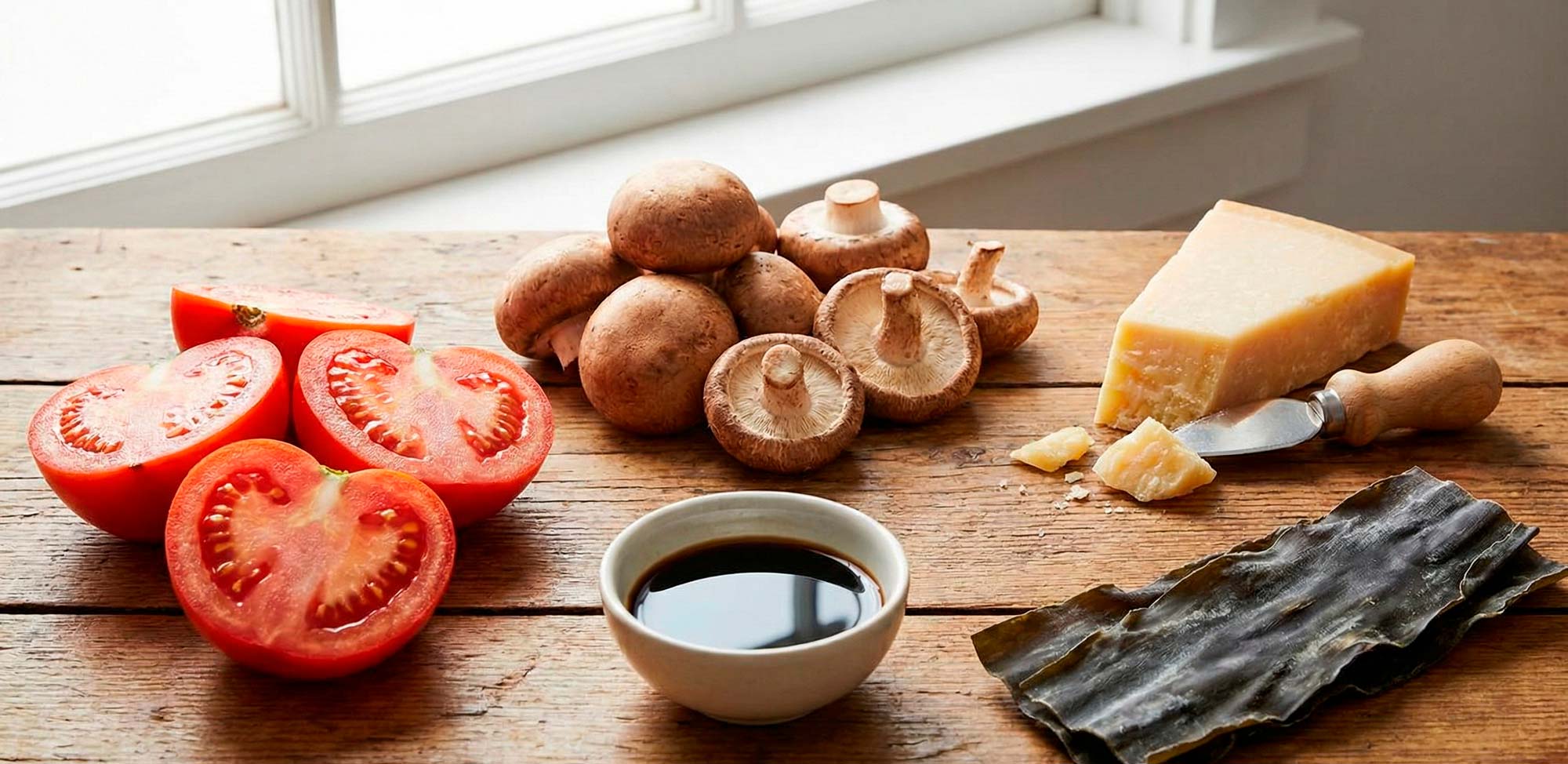 An assortment of umami-rich ingredients, including shiitake mushrooms, aged Parmesan cheese, fresh tomatoes, and a small bowl of soy sauce.