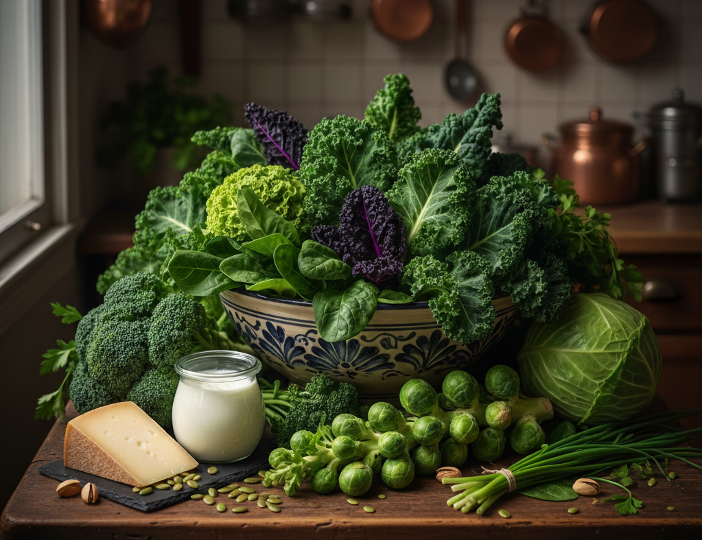 Top sources of Vitamin K1 and K2: leafy green vegetables, broccoli, aged cheese and fermented foods for bone and heart health.