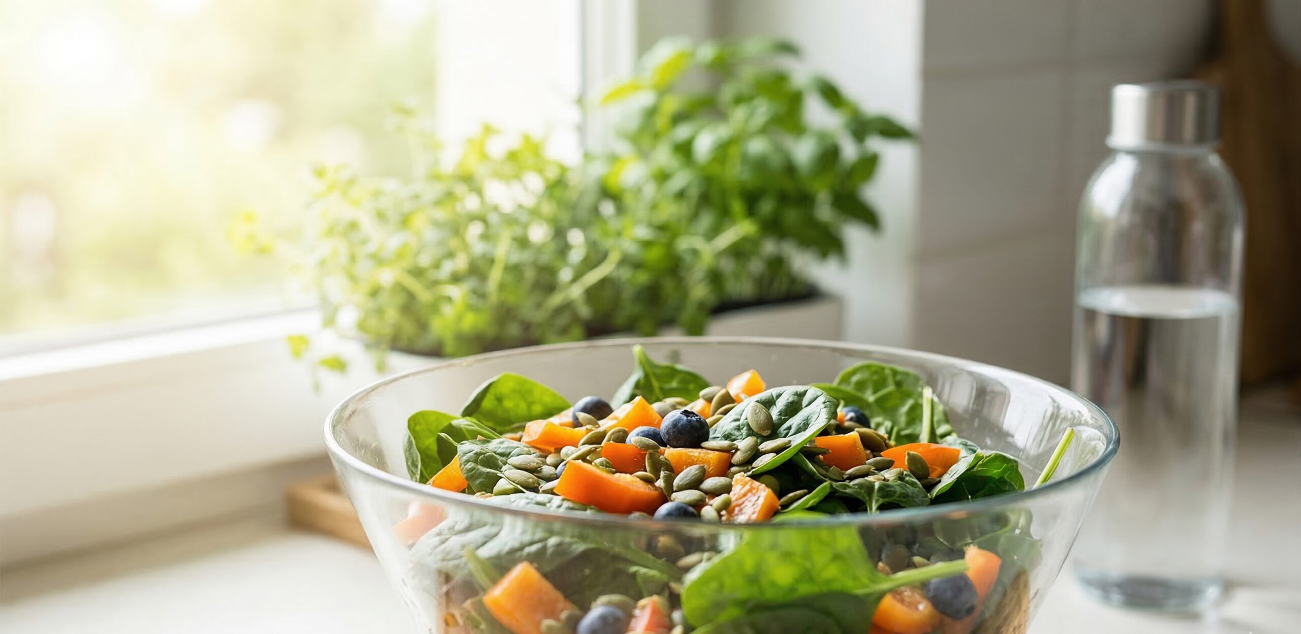 Vibrant, raw ingredients—spinach, peppers, seeds—highlighting nutritional synergy.