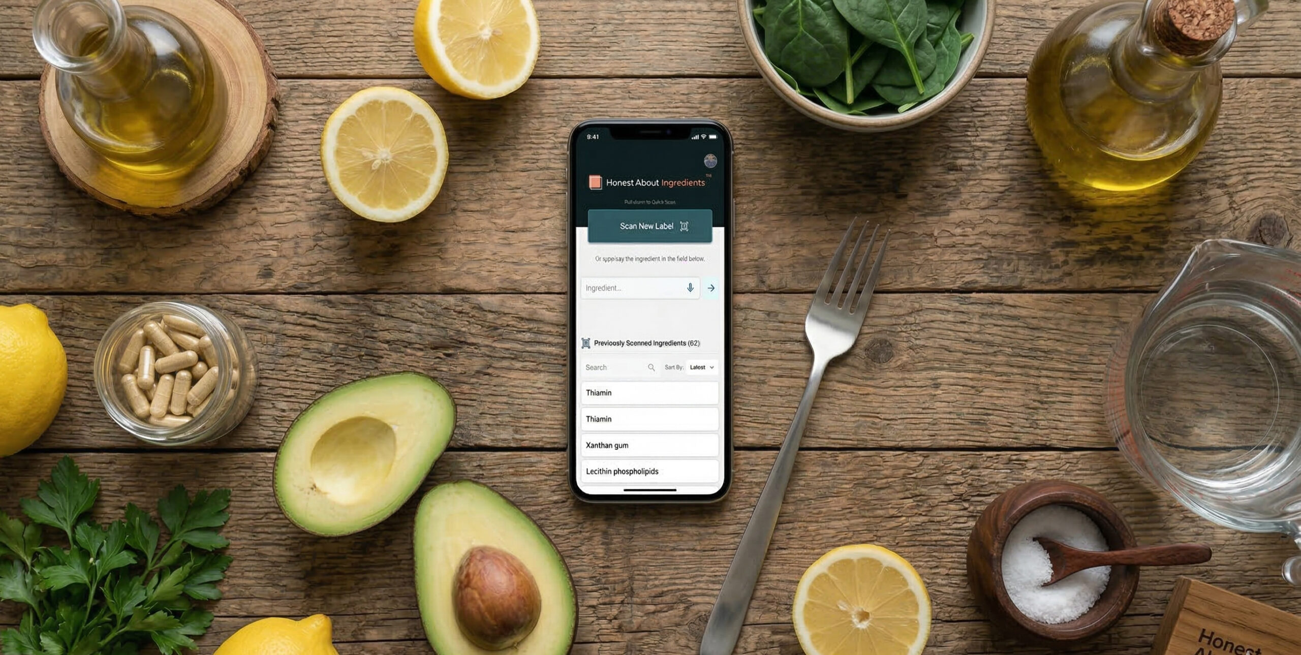 A clean flat lay connecting raw ingredients—avocado, lemon—with the digital transparency of the "Honest About" app interface, which analyzes nutrient data for precision nutrition.