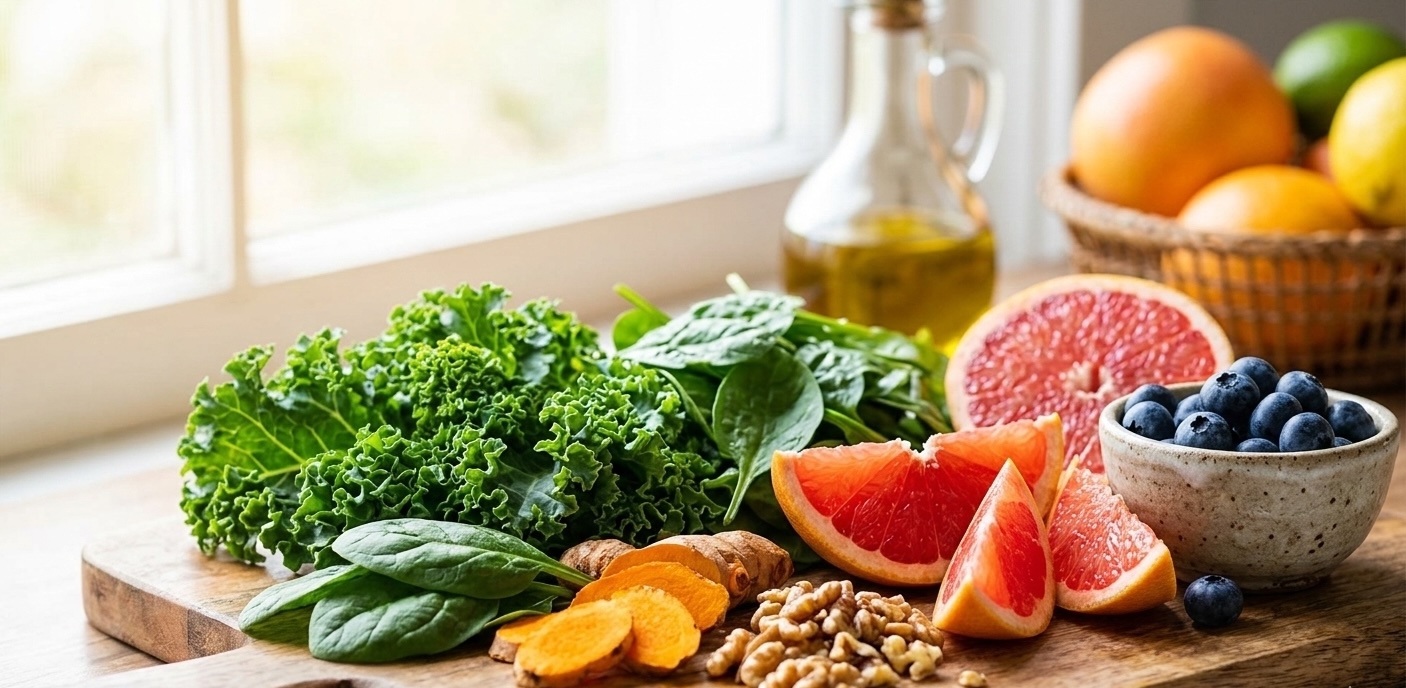 Key liver-supporting ingredients: deep green kale and spinach leaves, bright yellow turmeric root slices, rich pink grapefruit segments, walnuts, and blueberries.