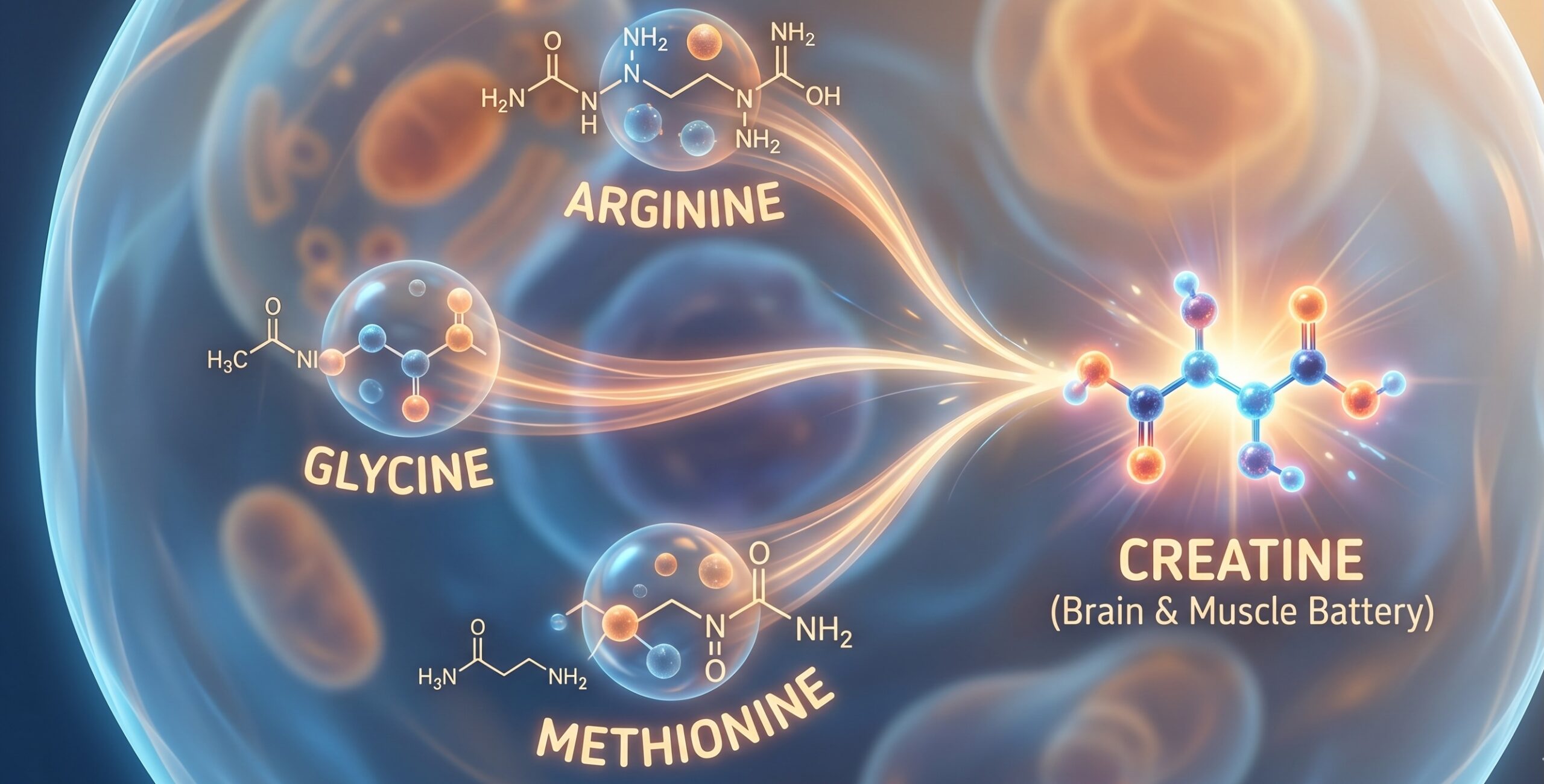 This visualization shows how the three precursor amino acids (Glycine, Arginine, and Methionine) merge within a human cell to synthesize the final, glowing Creatine molecule.